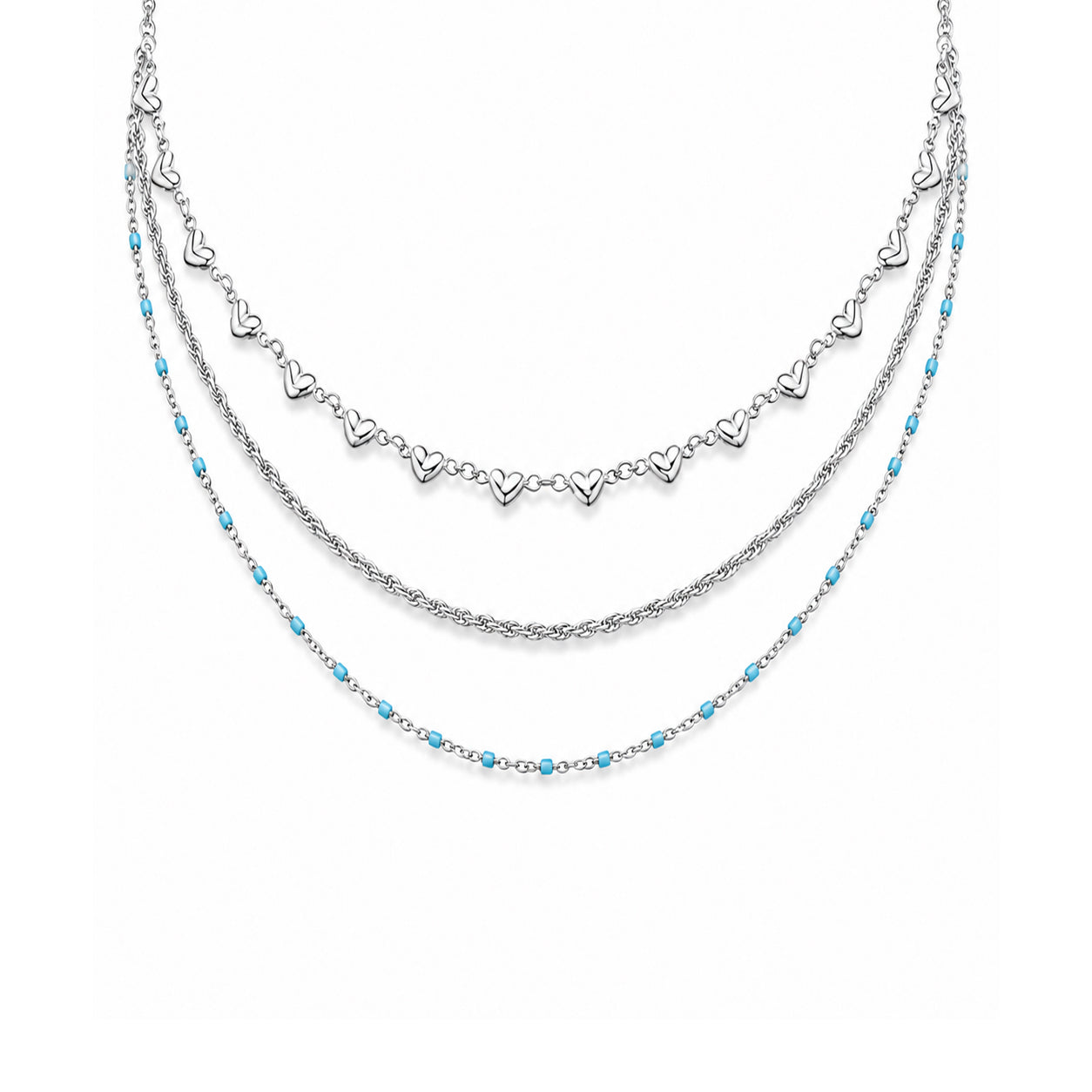 Collana Triplo Filo con Perline celesti e cuori Layers - Brand Gioielli