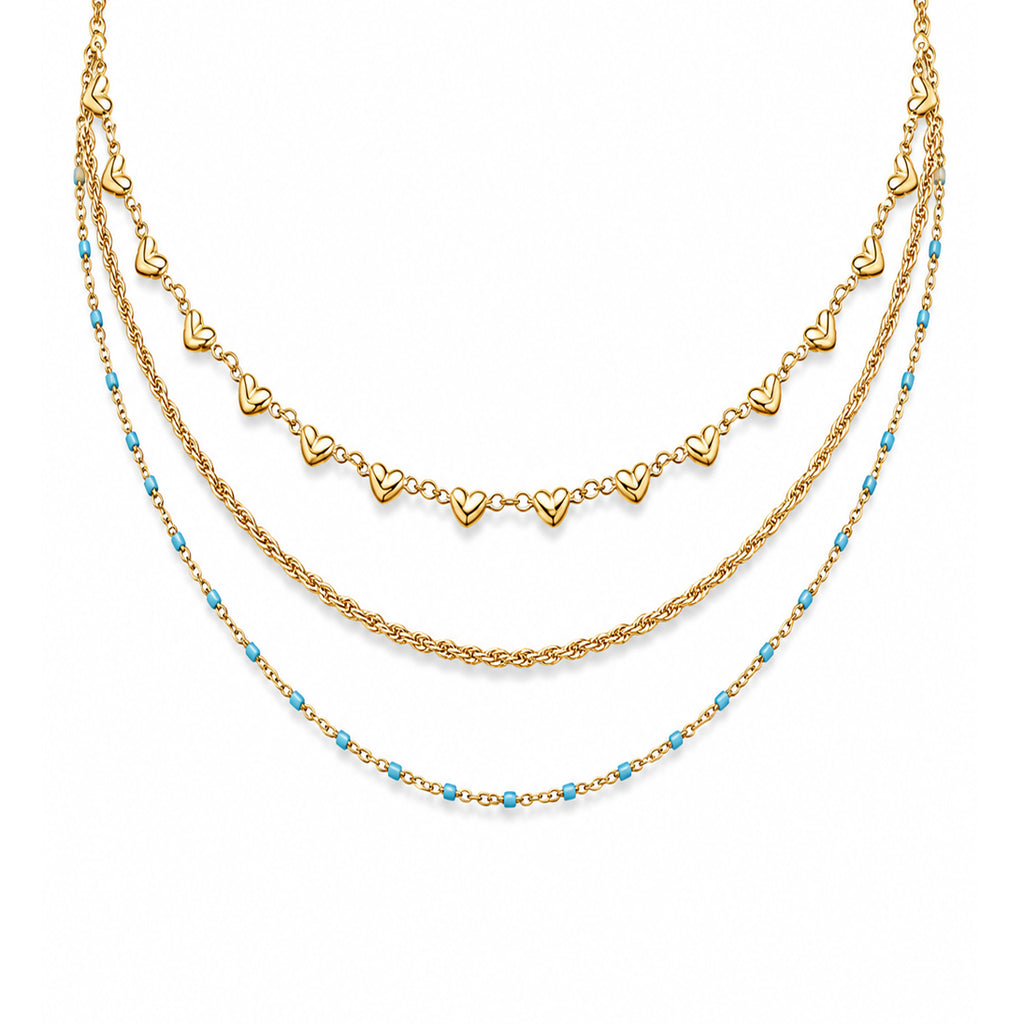 Collana Triplo Filo con Perline celesti e cuori Layers - Brand Gioielli