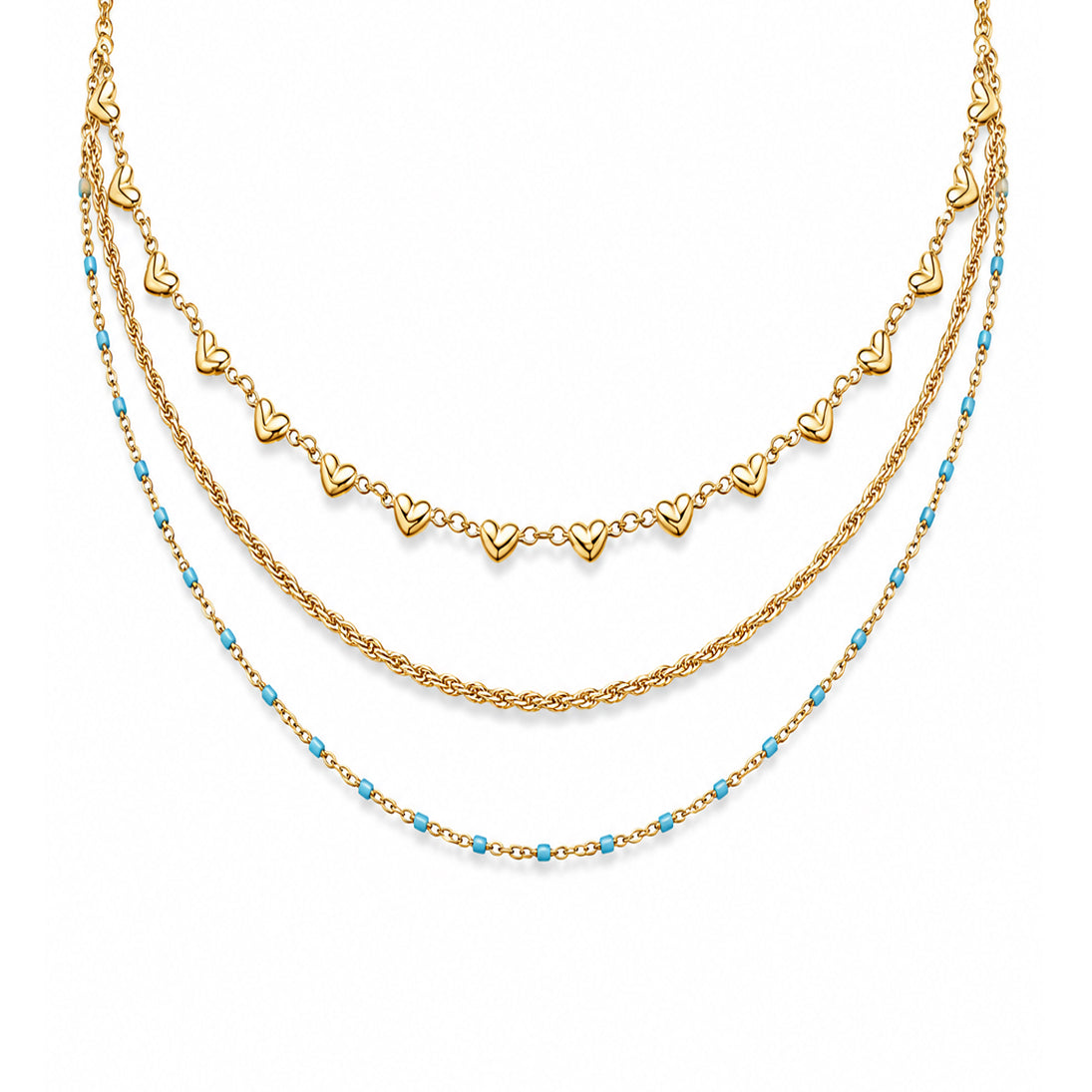 Collana Triplo Filo con Perline celesti e cuori Layers - Brand Gioielli