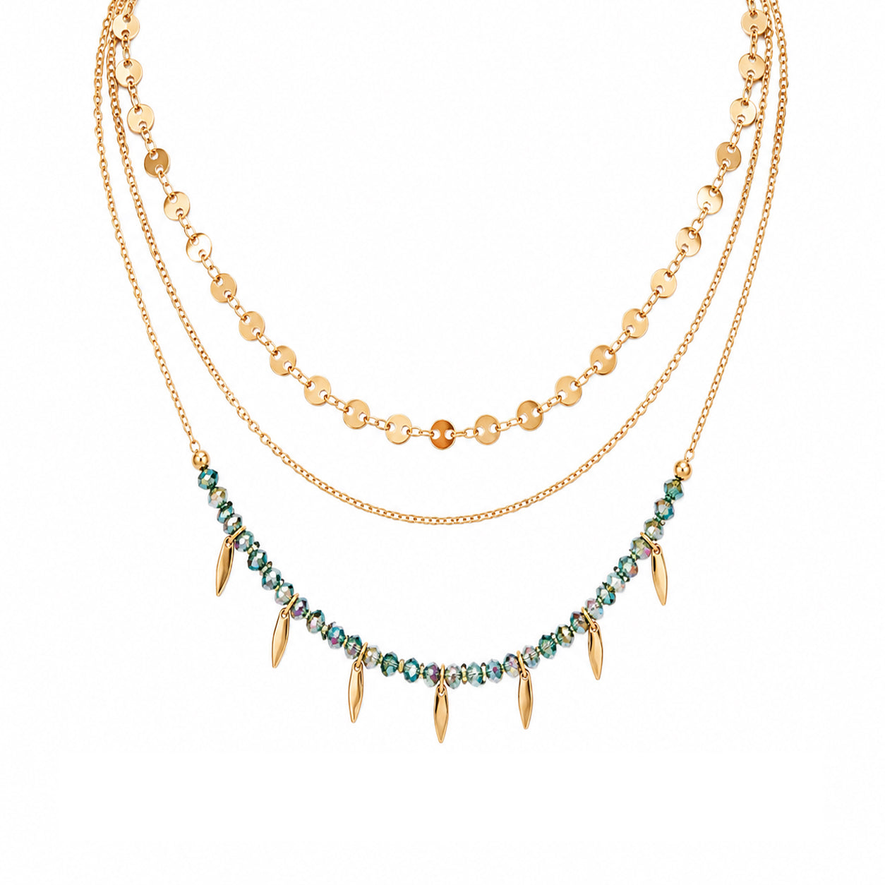 Collana Triplo Filo Cristalli Verde Acqua e Piume Layers - Brand Gioielli