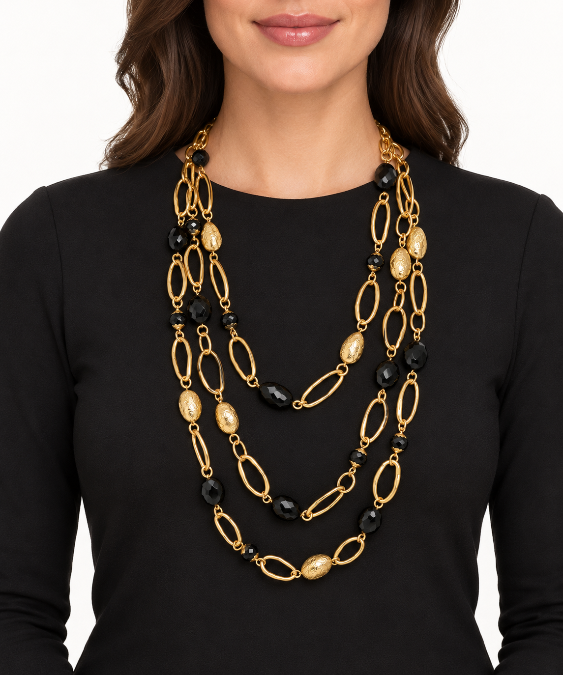 Collana lunga multifilo con cristalli neri e maglie ovali