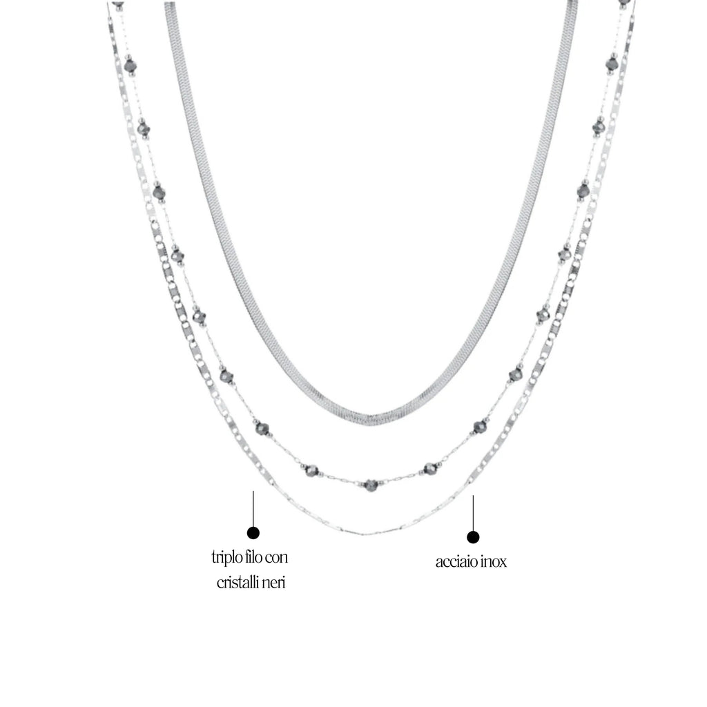 Collana Triplo Filo con cristalli neri Layers - Brand Gioielli