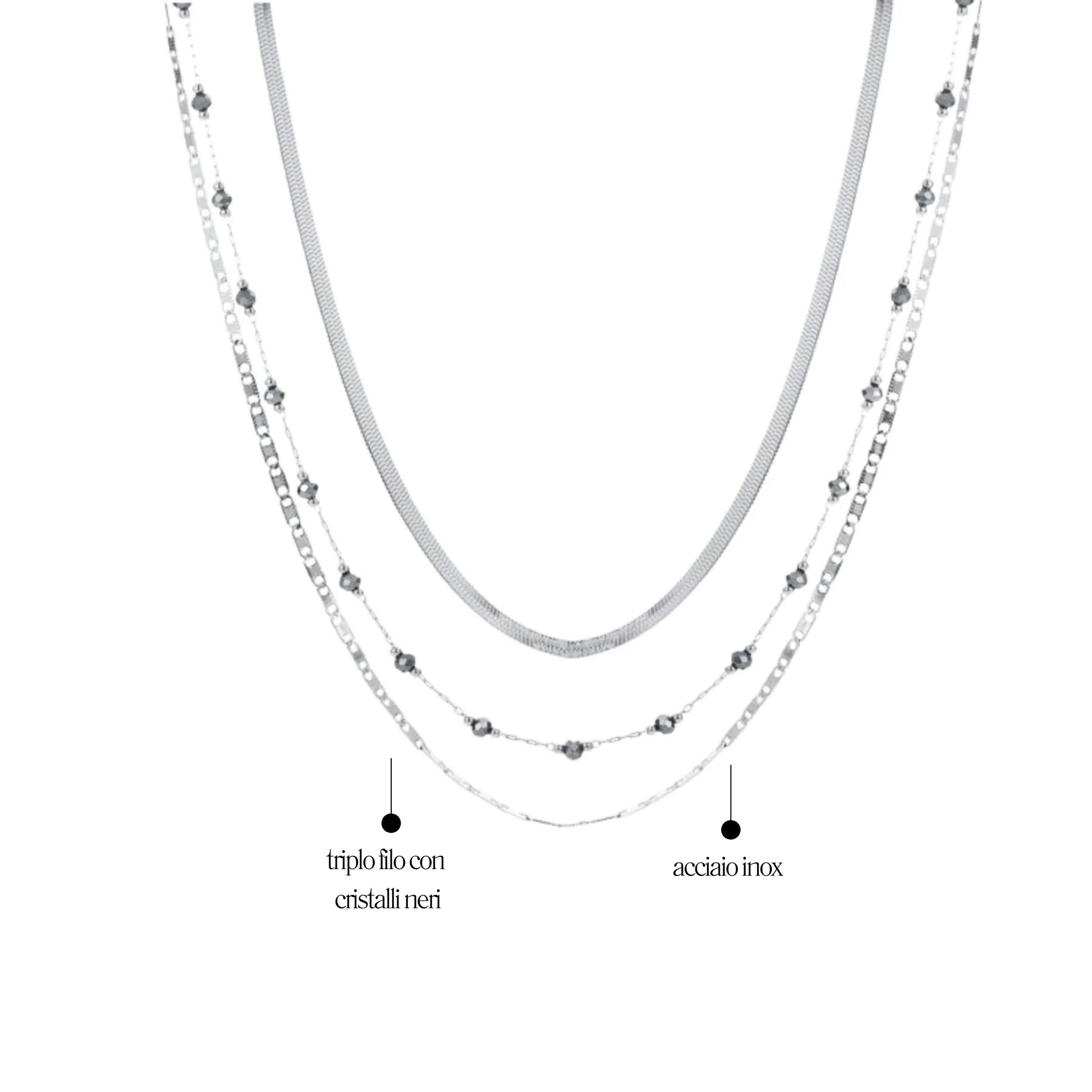 Collana Triplo Filo con cristalli neri Layers - Brand Gioielli