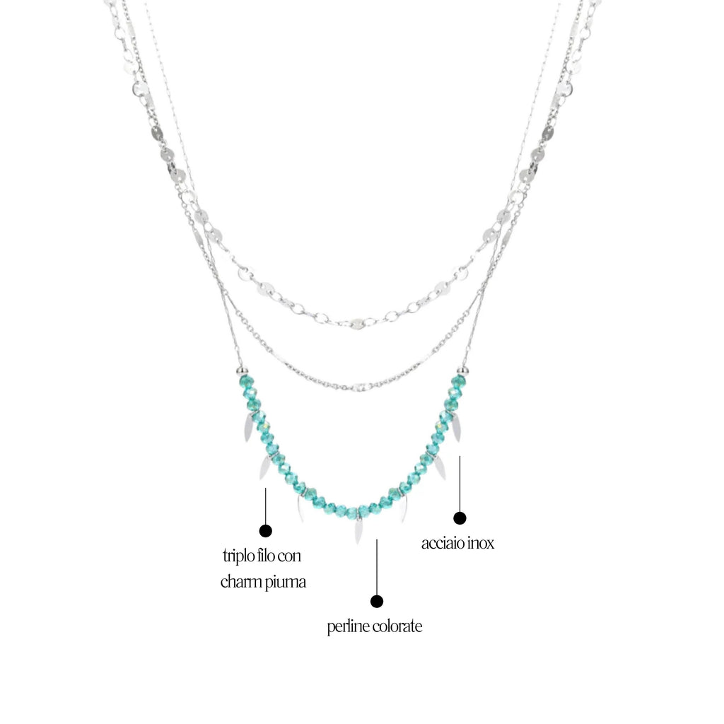 Collana Triplo Filo con cristalli e piume - Brand Gioielli