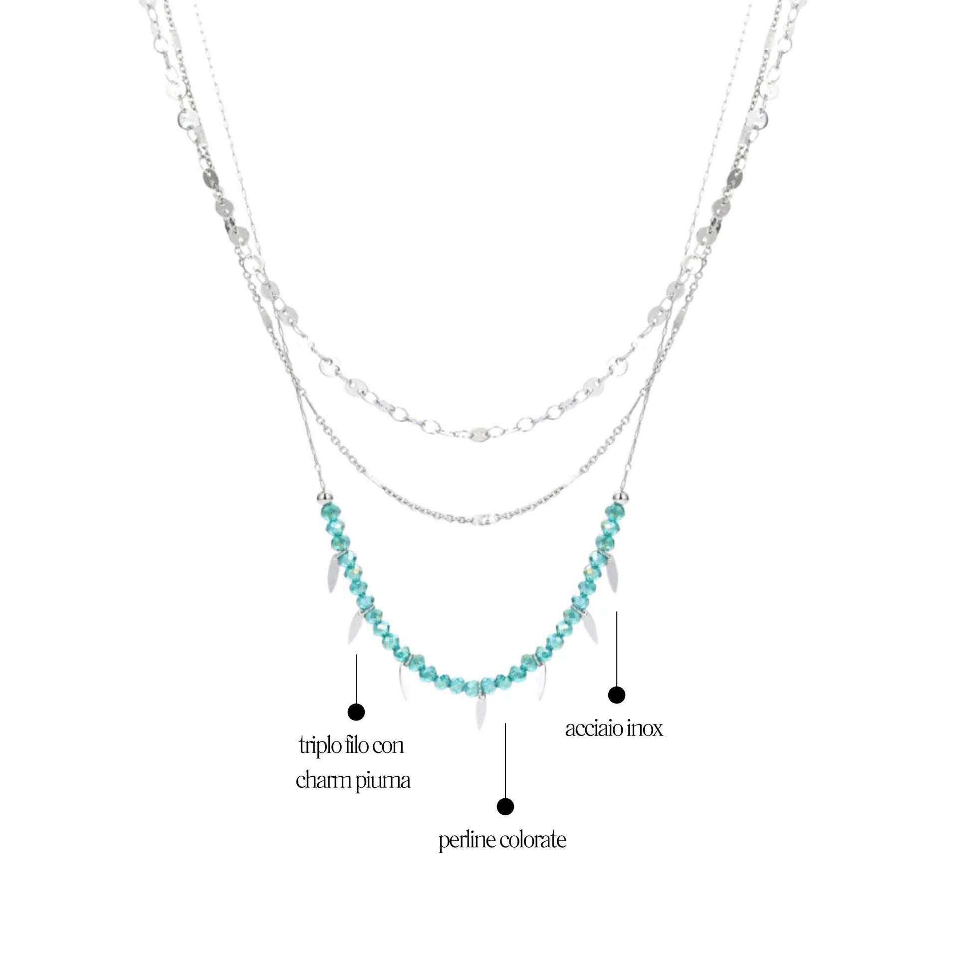 Collana Triplo Filo con cristalli e piume - Brand Gioielli