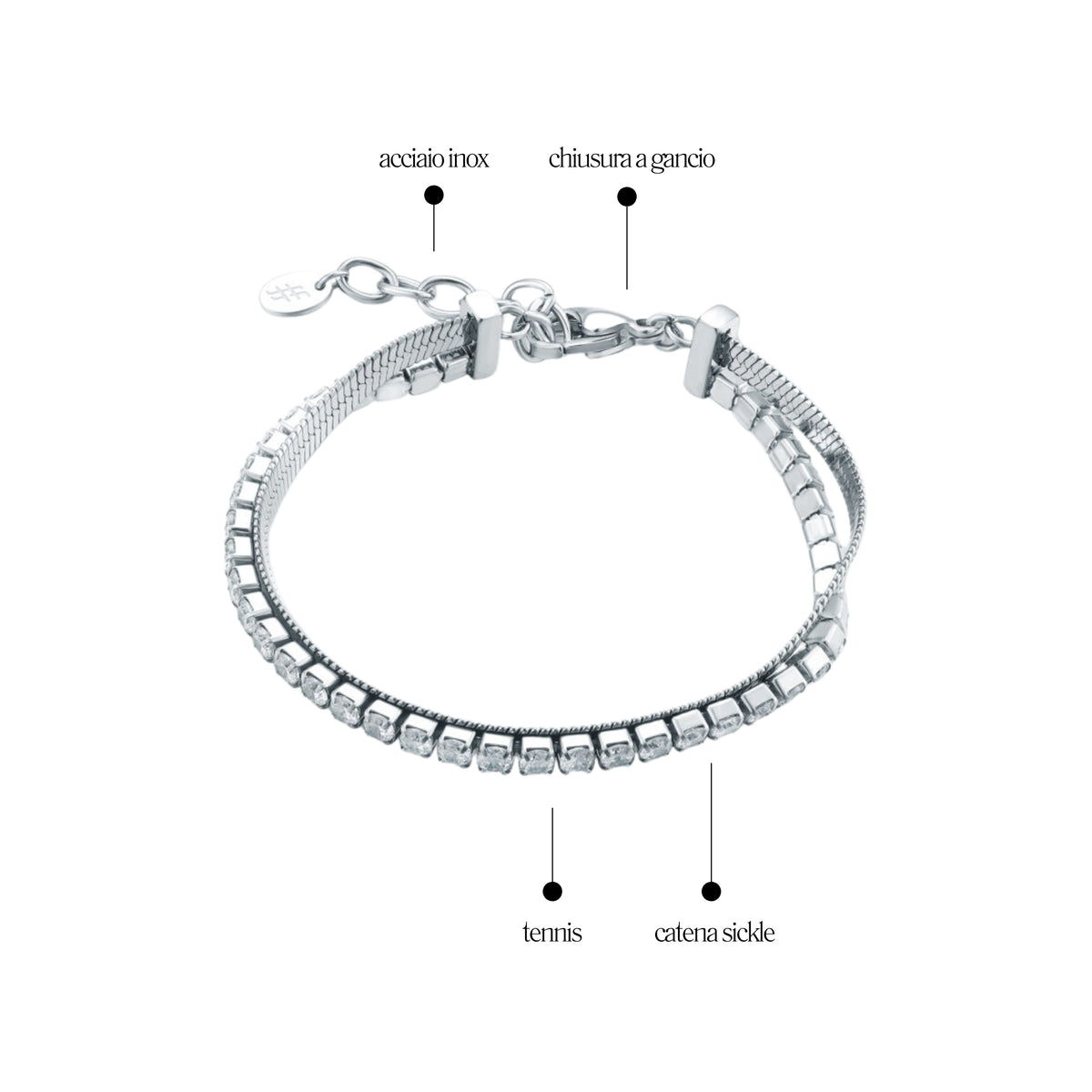 Tennis bracelet with sickle chain