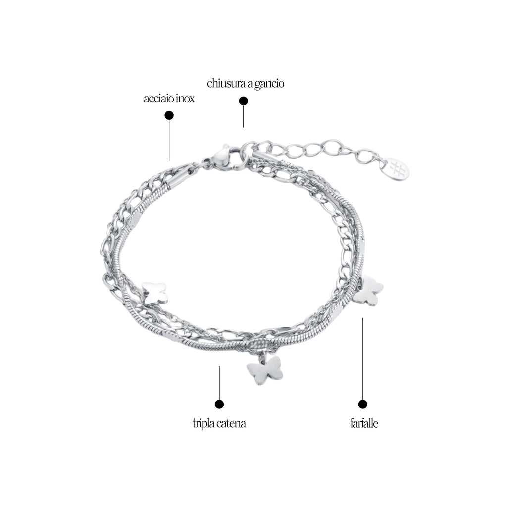 Bracciale Triplo Filo con Farfalle_AcciaioInox "BRAND"