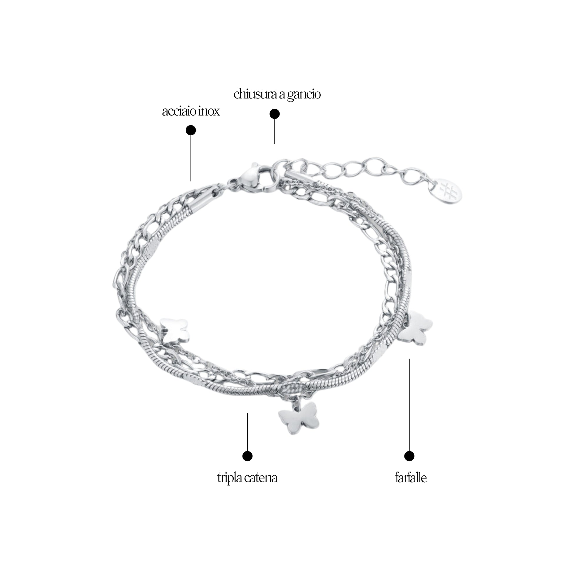 Bracciale Triplo Filo con Farfalle_AcciaioInox "BRAND"