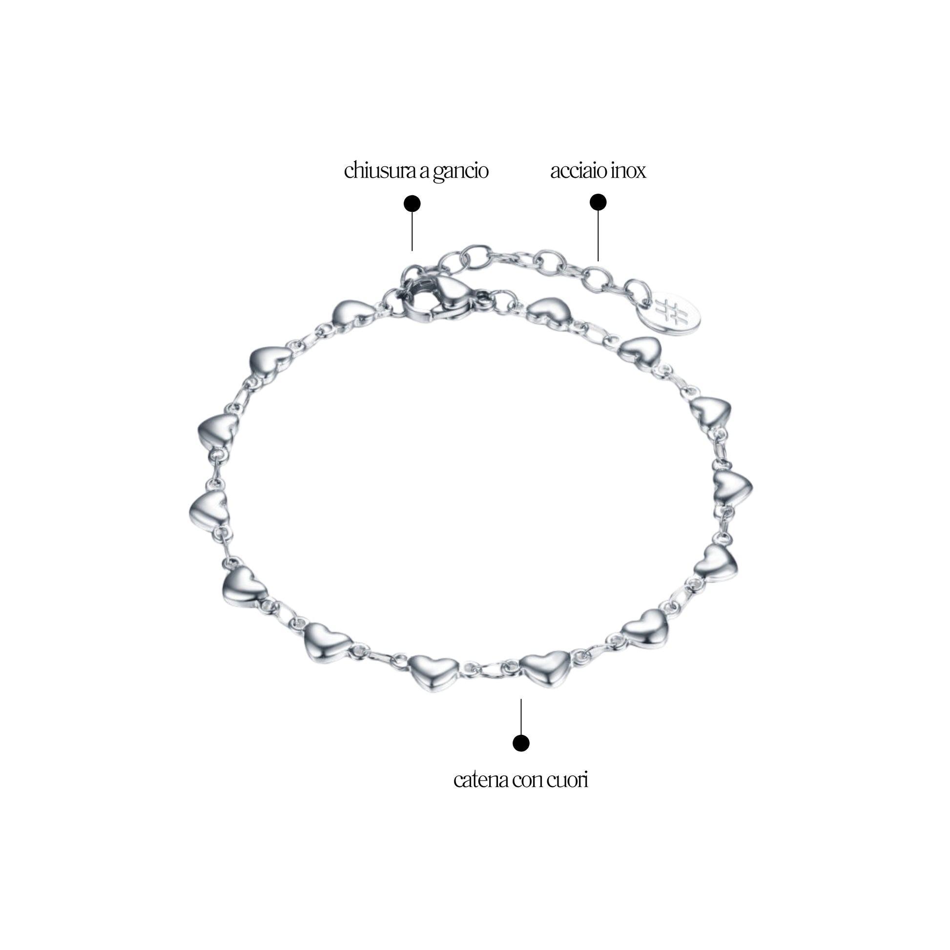 Bracciale Catena e Cuori_AcciaioInox "BRAND"
