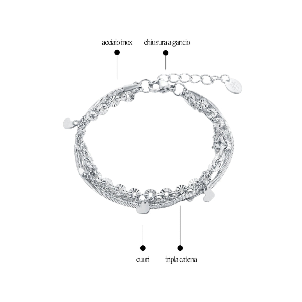 Bracciale Triplo Filo Cuoricini Acciaio Inox - Brand