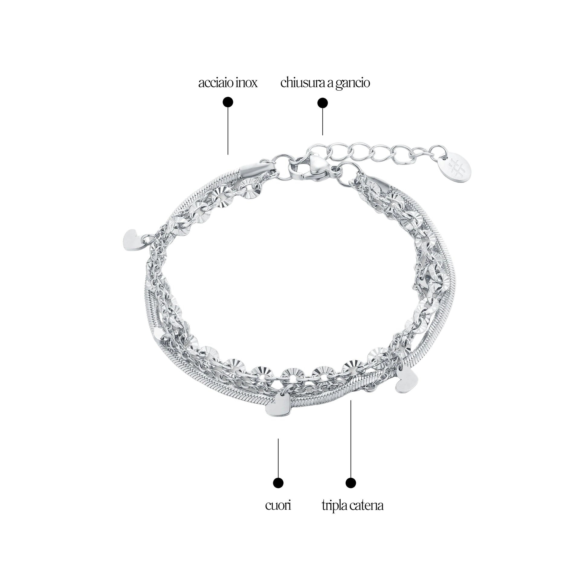 Bracciale Triplo Filo Cuoricini_AcciaioInox "BRAND"