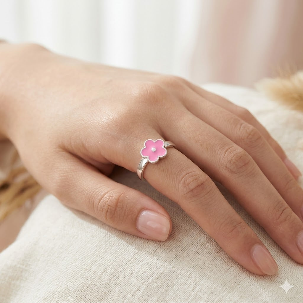 Anello Bimba Fiore Rosa Regolabile in acciaio inox - Brand Gioielli