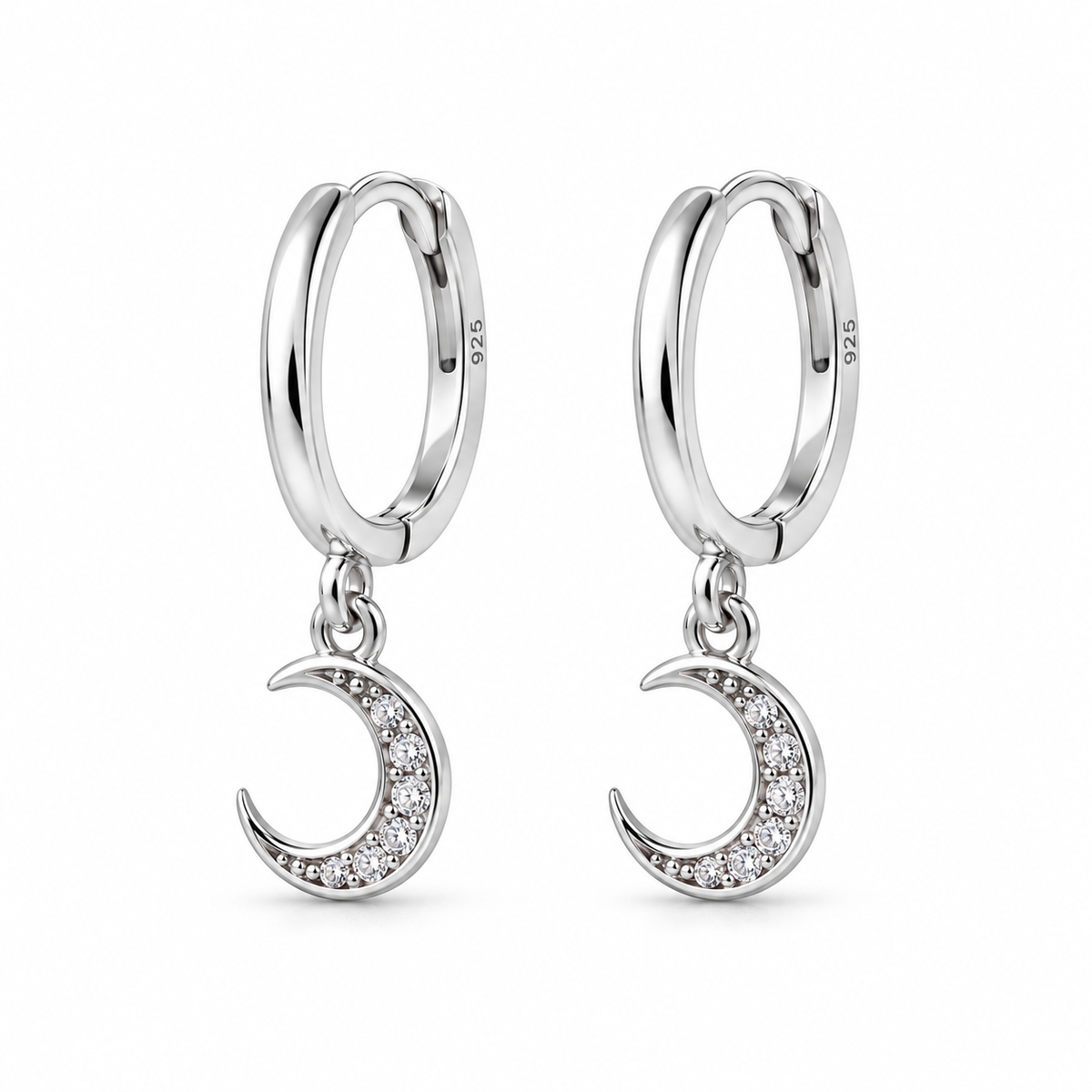 Brincos de Argola com Pendente Lua em strass em Prata 925