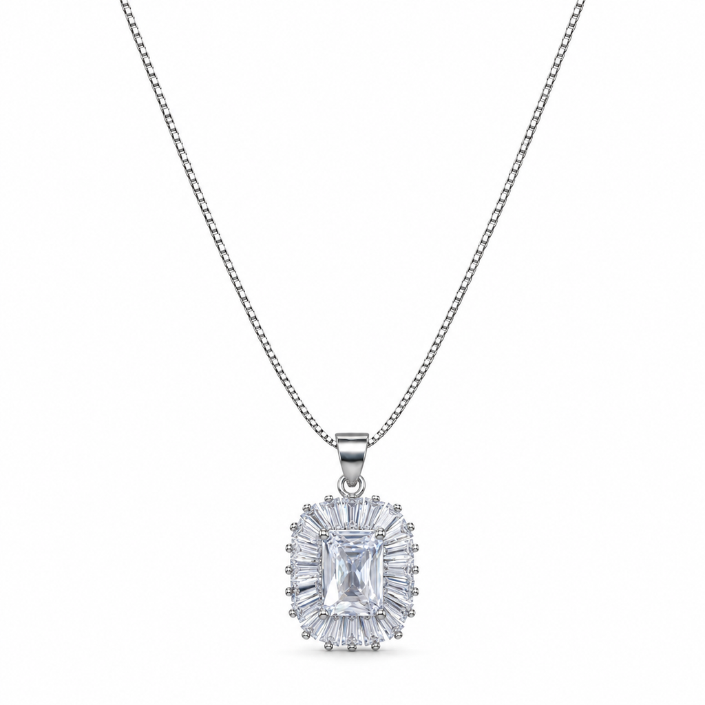 Collana Royale Rettangolare con Corona di Zirconi Baguette in Argento 925 Rodiato