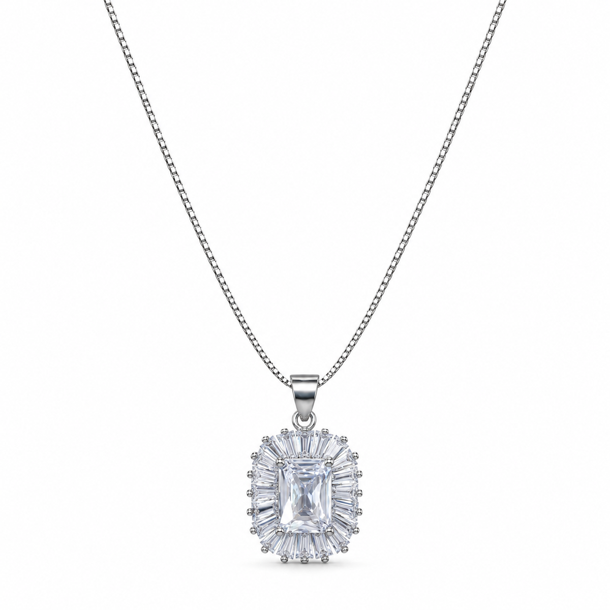 Collana Royale Rettangolare con Corona di Zirconi Baguette in Argento 925 Rodiato