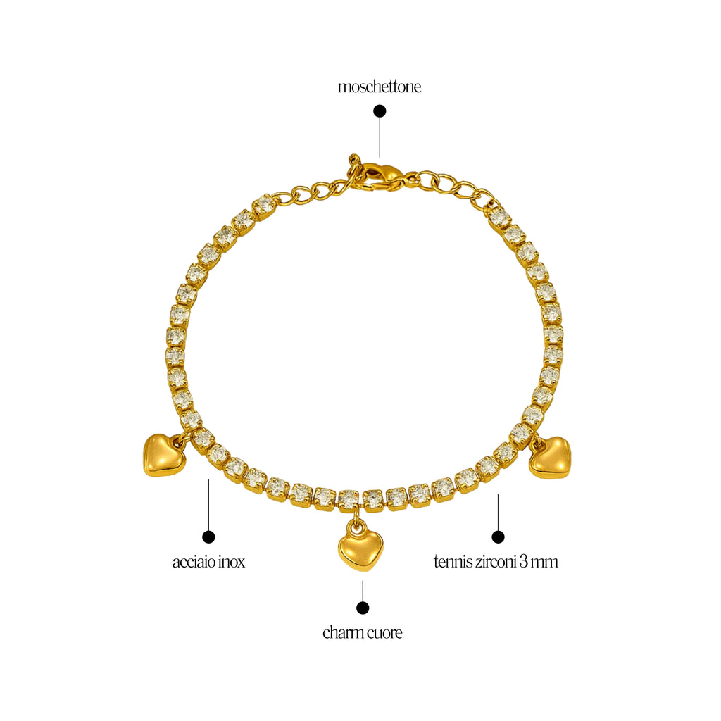 Bracciale Tennis 3mm con Cuori pendenti - Les folies