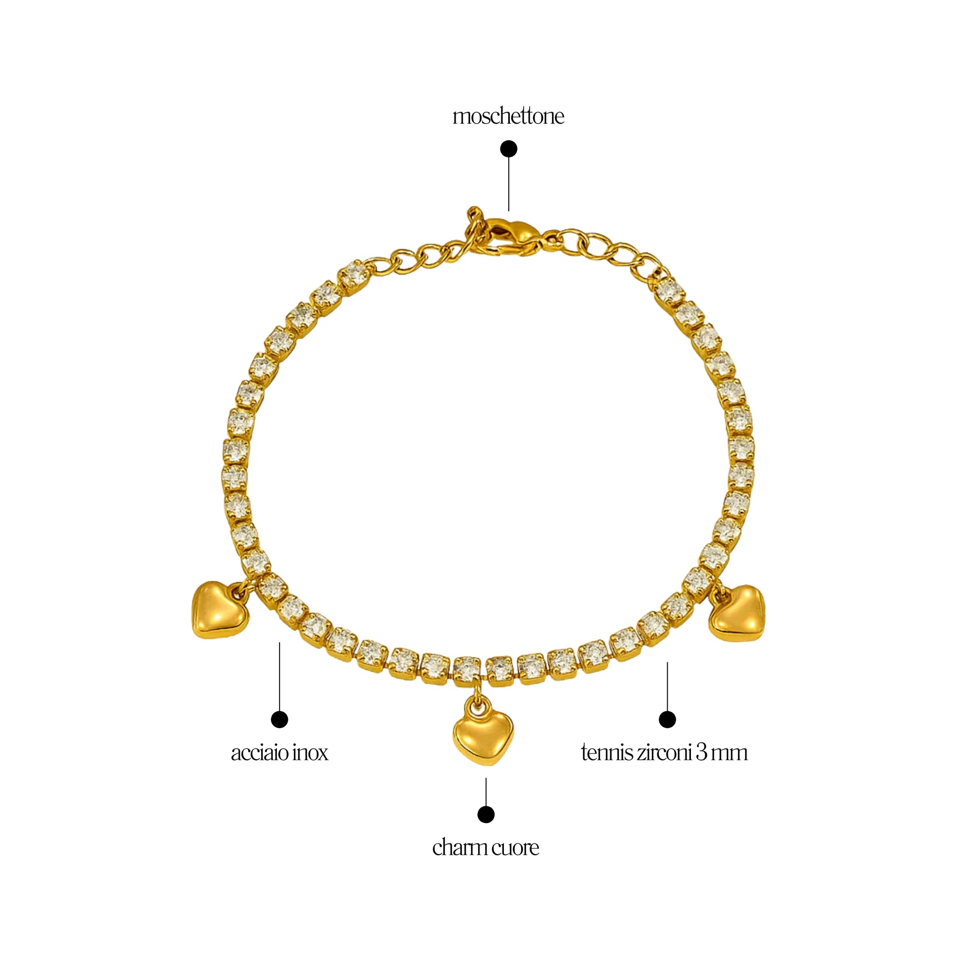 Bracciale Tennis 3mm con Cuori pendenti - Les folies