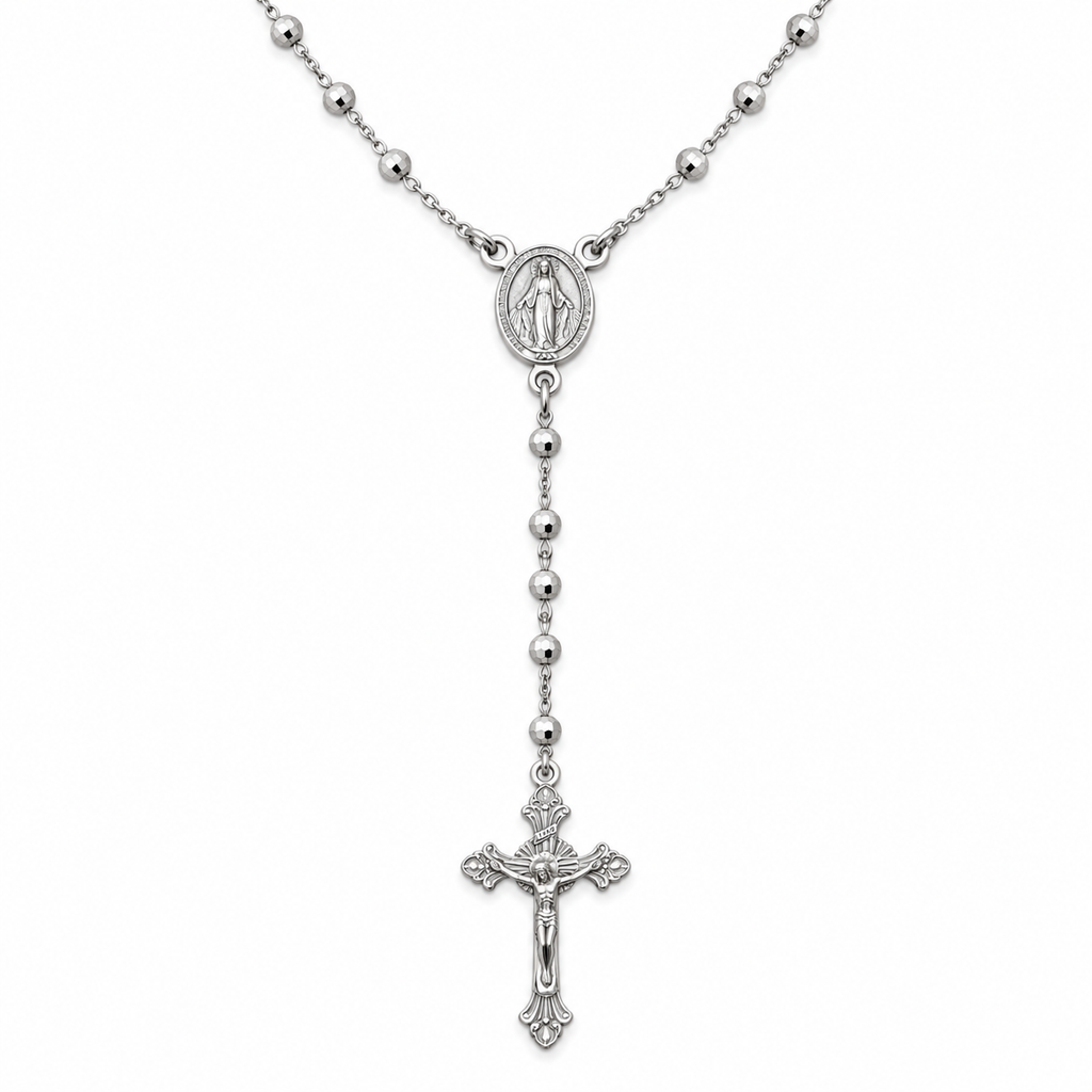 Collana Rosario con Crocifisso pendente e Sfere da 3mm in Argento 925 rodiato
