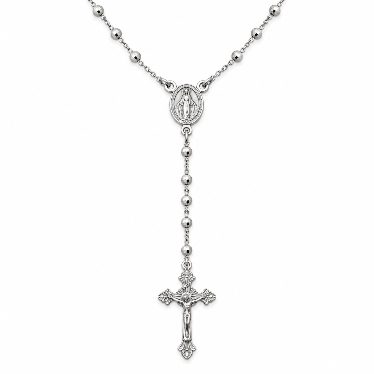 Collana Rosario con Crocifisso pendente e Sfere da 3mm in Argento 925 rodiato
