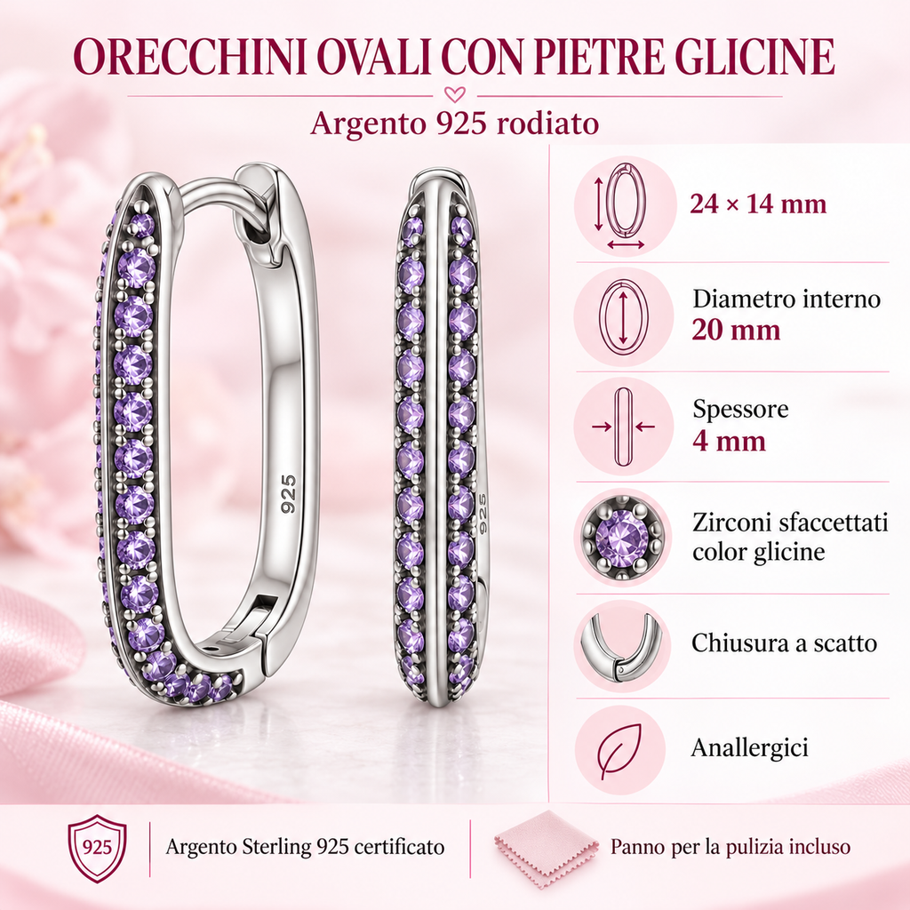 Orecchini a Cerchio Ovale con strass Glicine in Argento 925