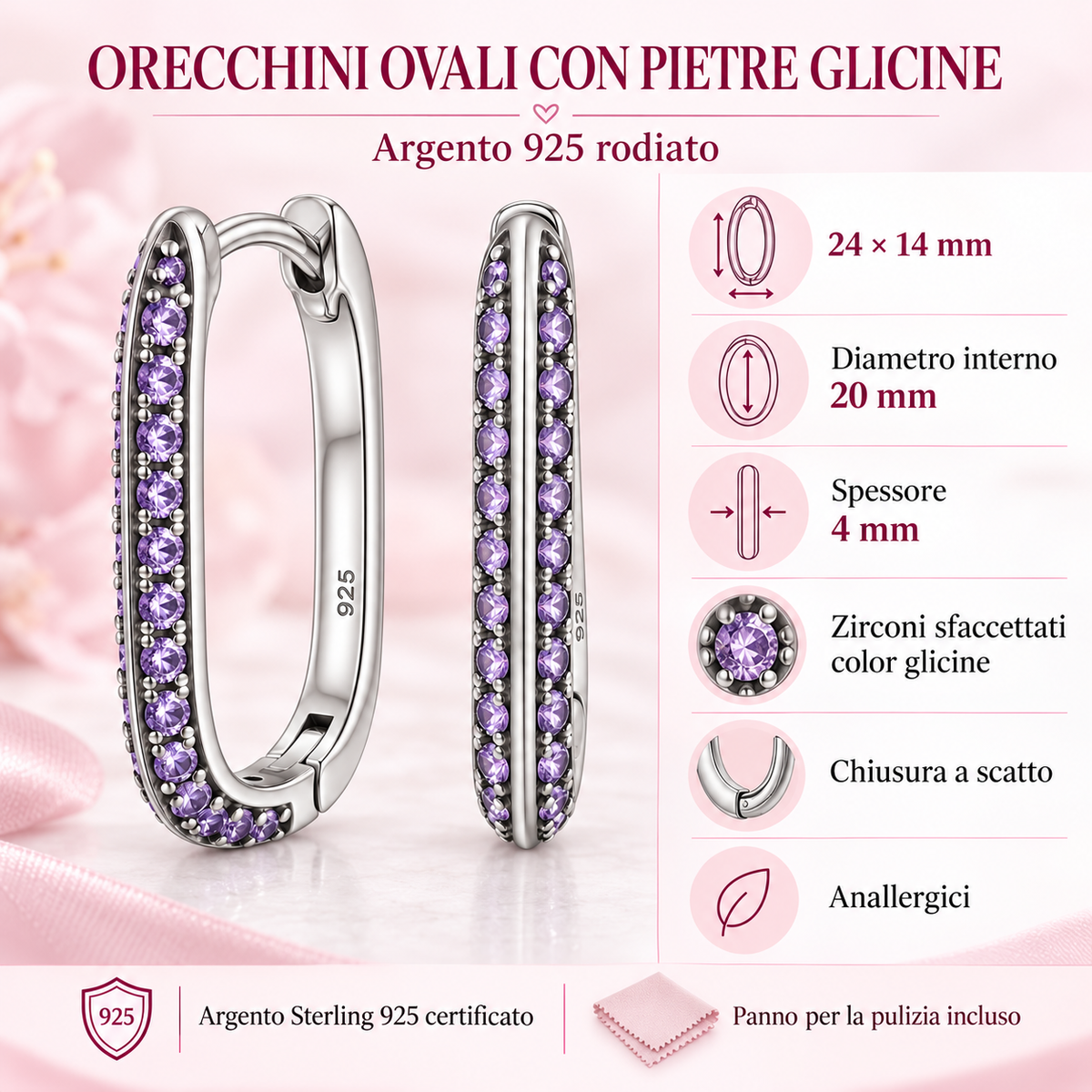 Orecchini a Cerchio Ovale con strass Glicine in Argento 925