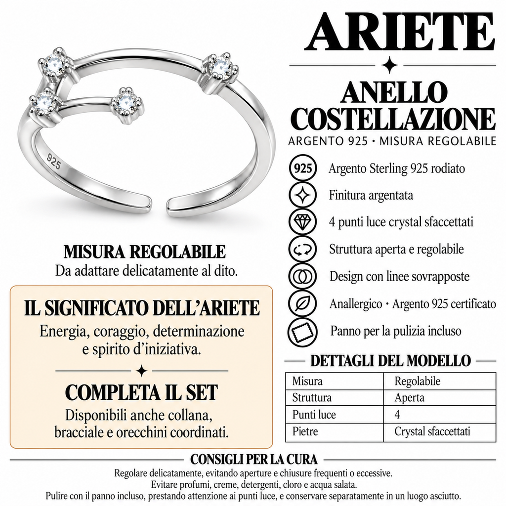 Anello Zodiaco Ariete regolabile in Argento 925