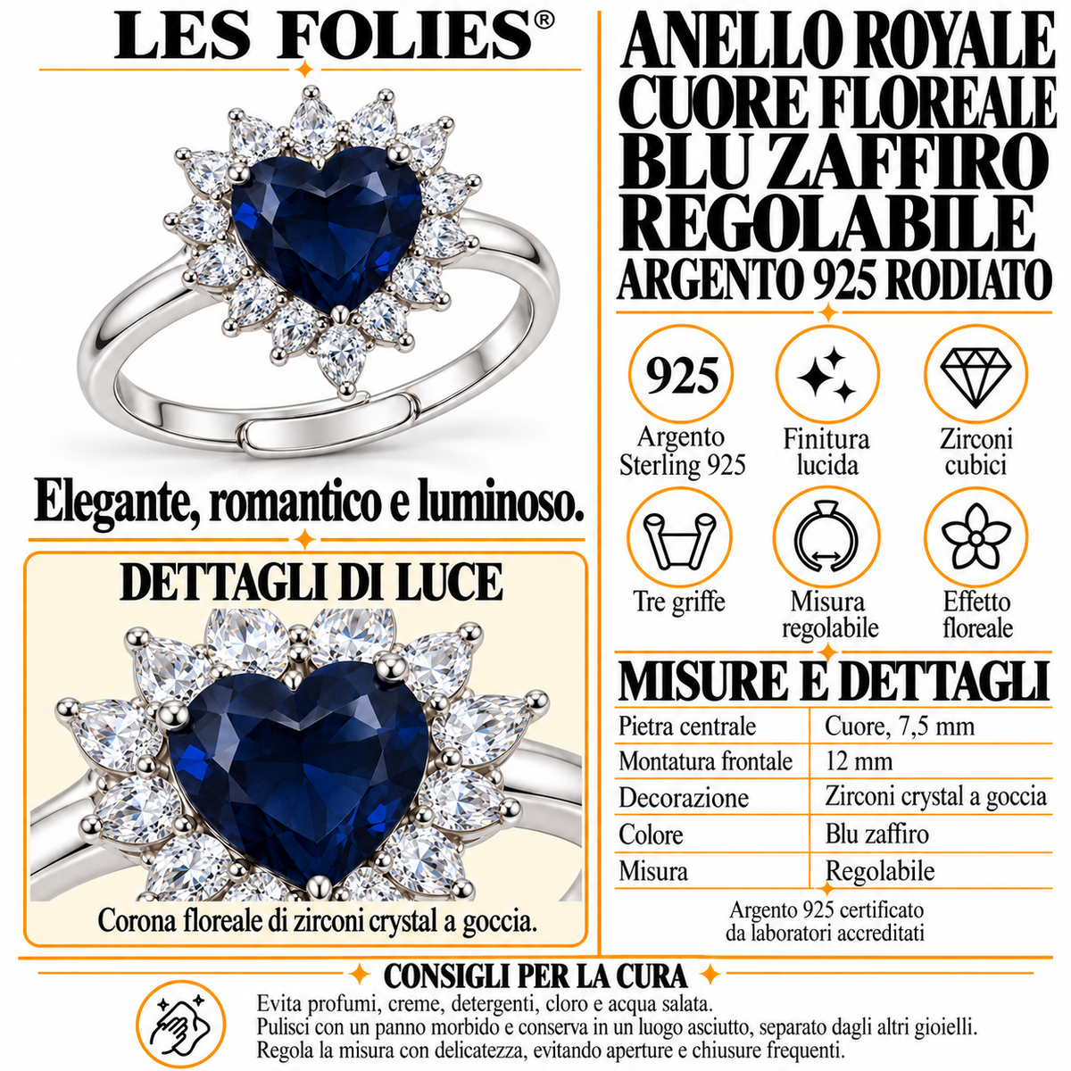 Verstelbare Royal-ring met 12 mm hart van 925 zilver