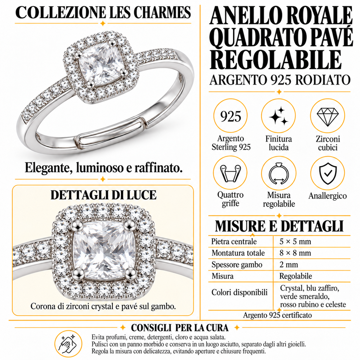Verstelbare ring Royal Vierkant 8mm in 925 zilver