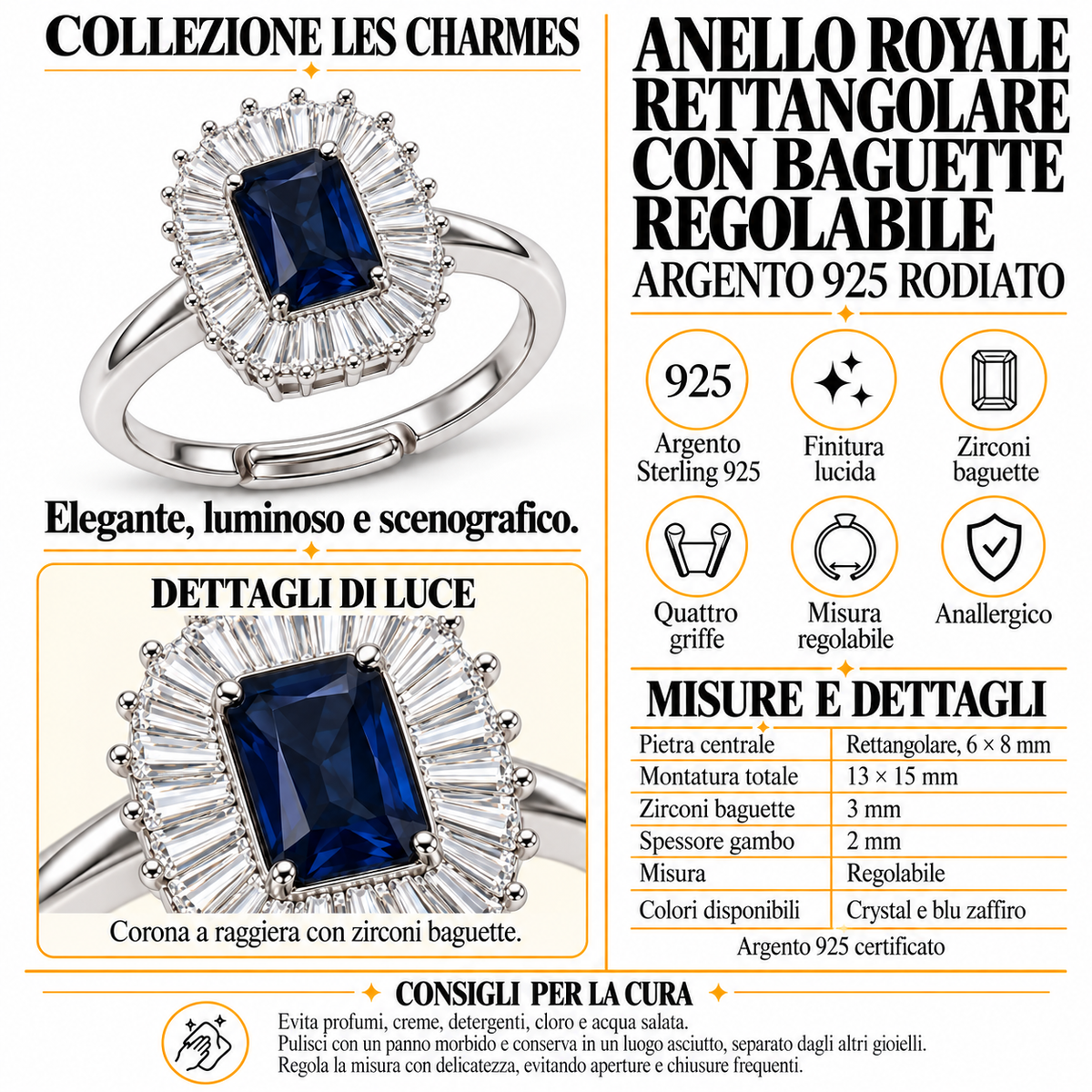 Verstelbare rechthoekige Royal-ring met baguettegeslepen stralen, 15 mm, van 925 zilver