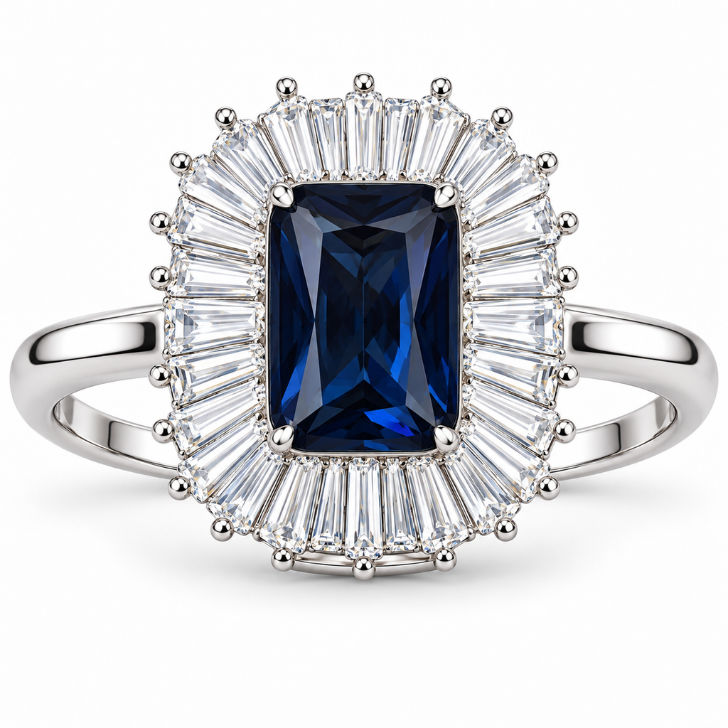 Anello Regolabile Royal Rettangolare con Raggi a Baguette 15mm in Argento 925