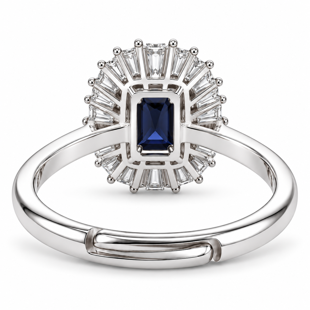 Verstelbare rechthoekige Royal-ring met baguettegeslepen stralen, 15 mm, van 925 zilver