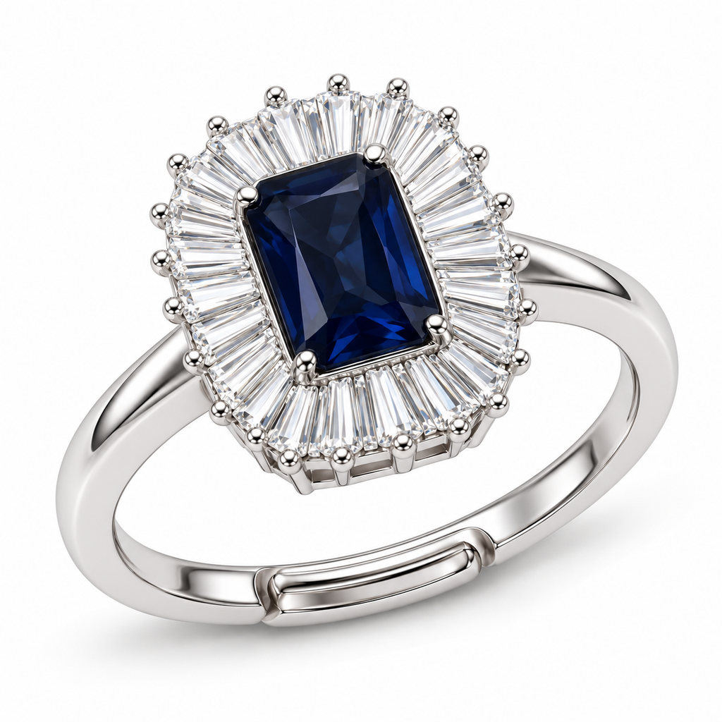 Anello Regolabile Royal Rettangolare con Raggi a Baguette 15mm in Argento 925