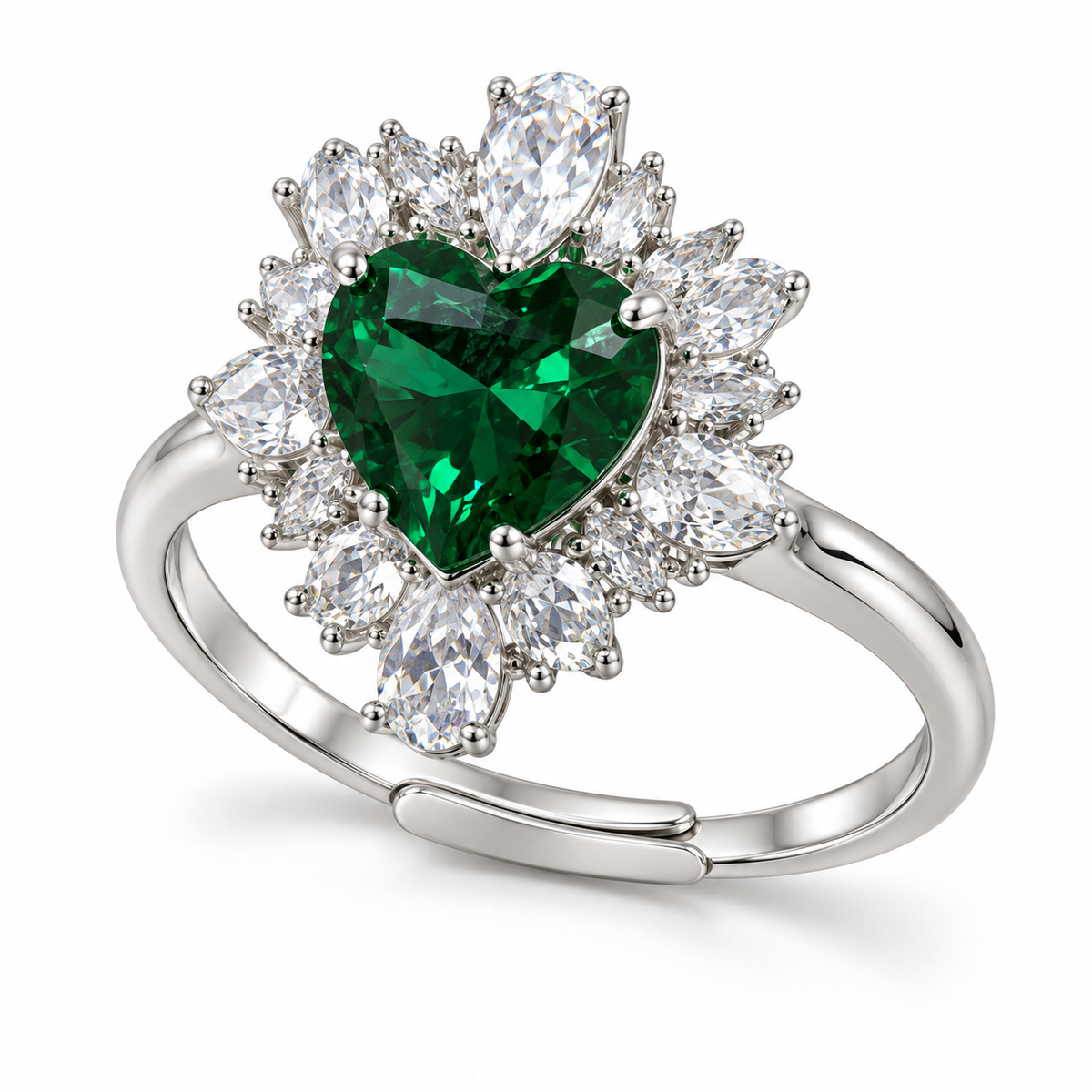 Verstelbare Royal-ring met hart en radiale kroon in 925 zilver