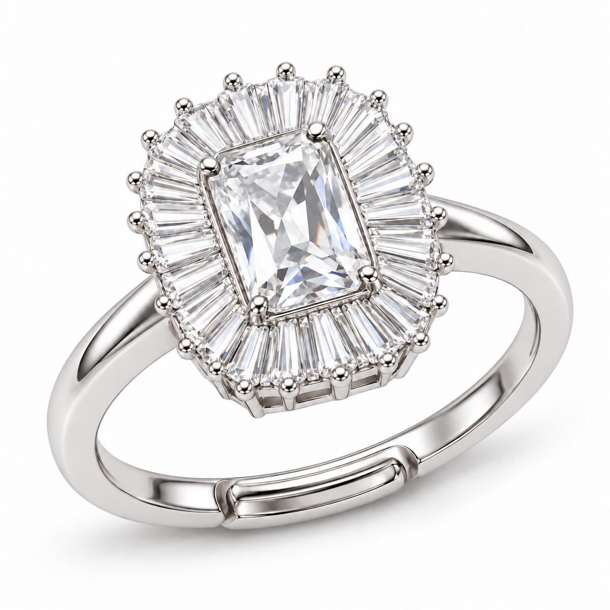Verstelbare rechthoekige Royal-ring met baguettegeslepen stralen, 15 mm, van 925 zilver