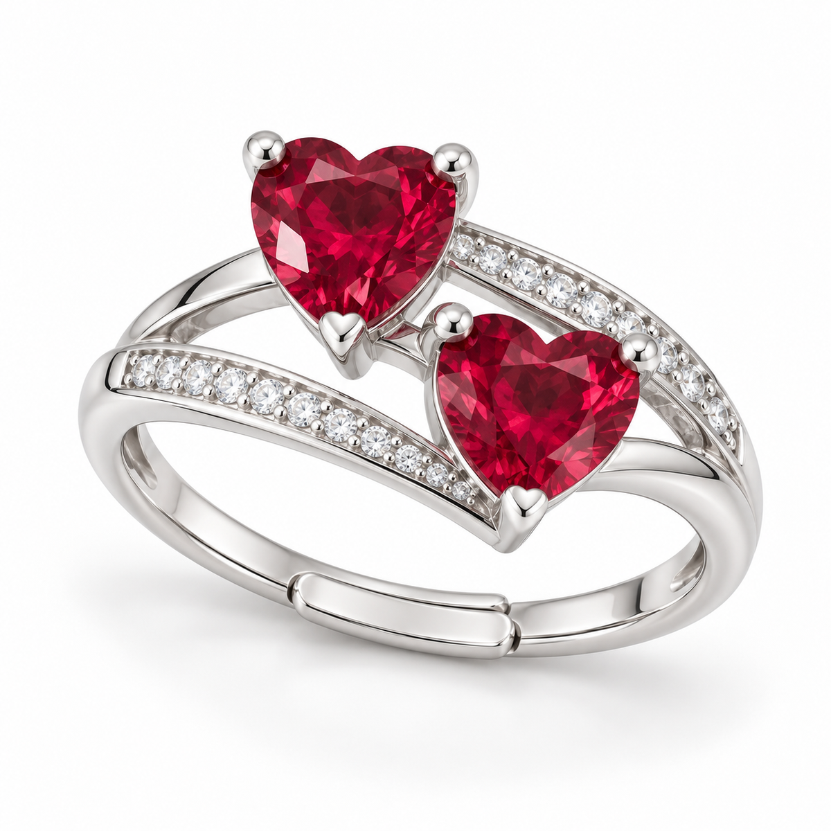 Verstelbare ring met dubbel hartje van 925 zilver