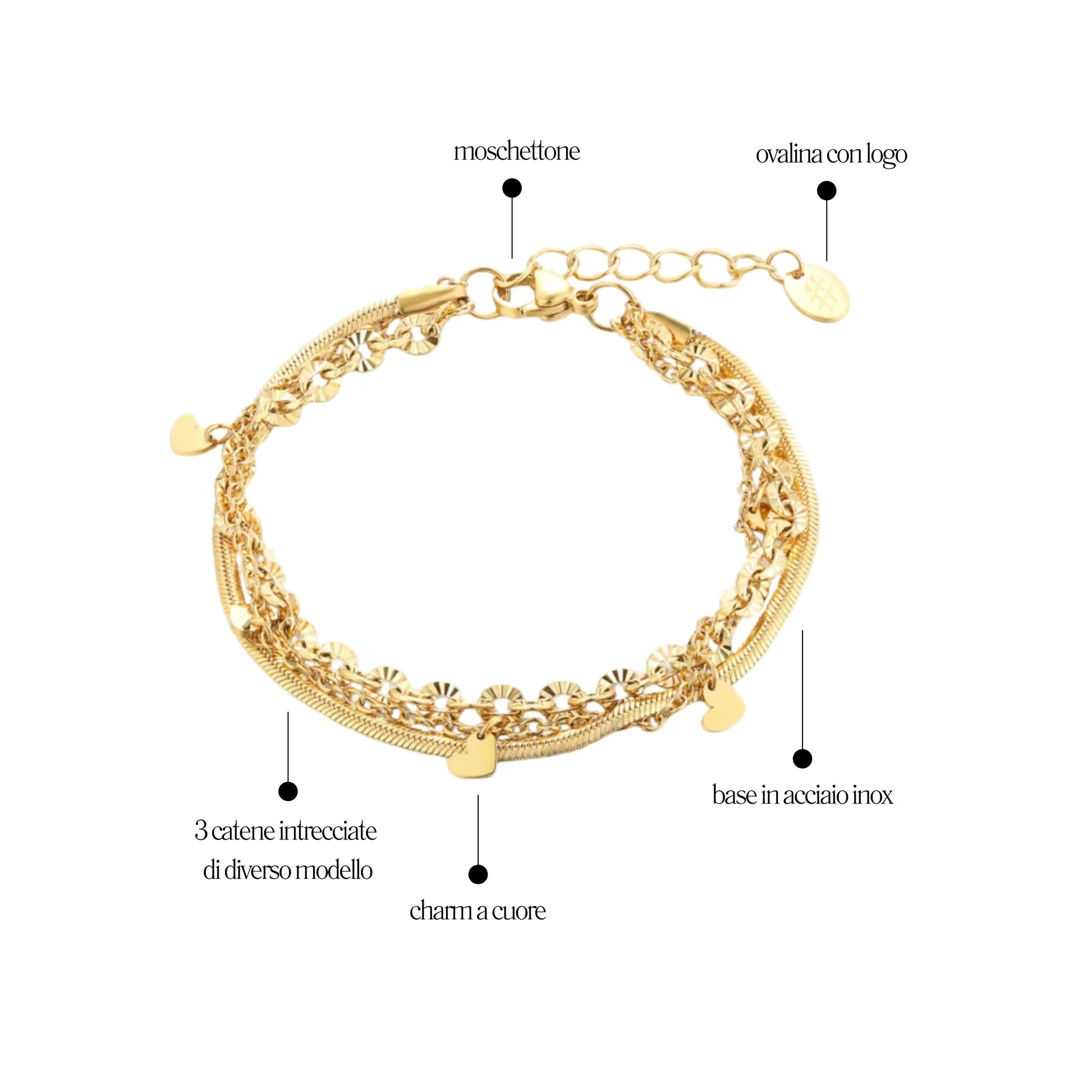Bracciale Triplo Filo con cuoricini Layers - Brand Gioielli