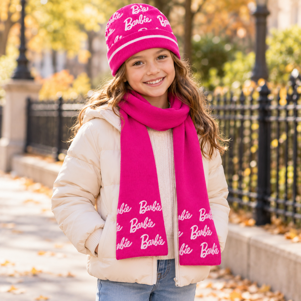 Set Barbie in Maglia con Cappello e Sciarpa con Logo