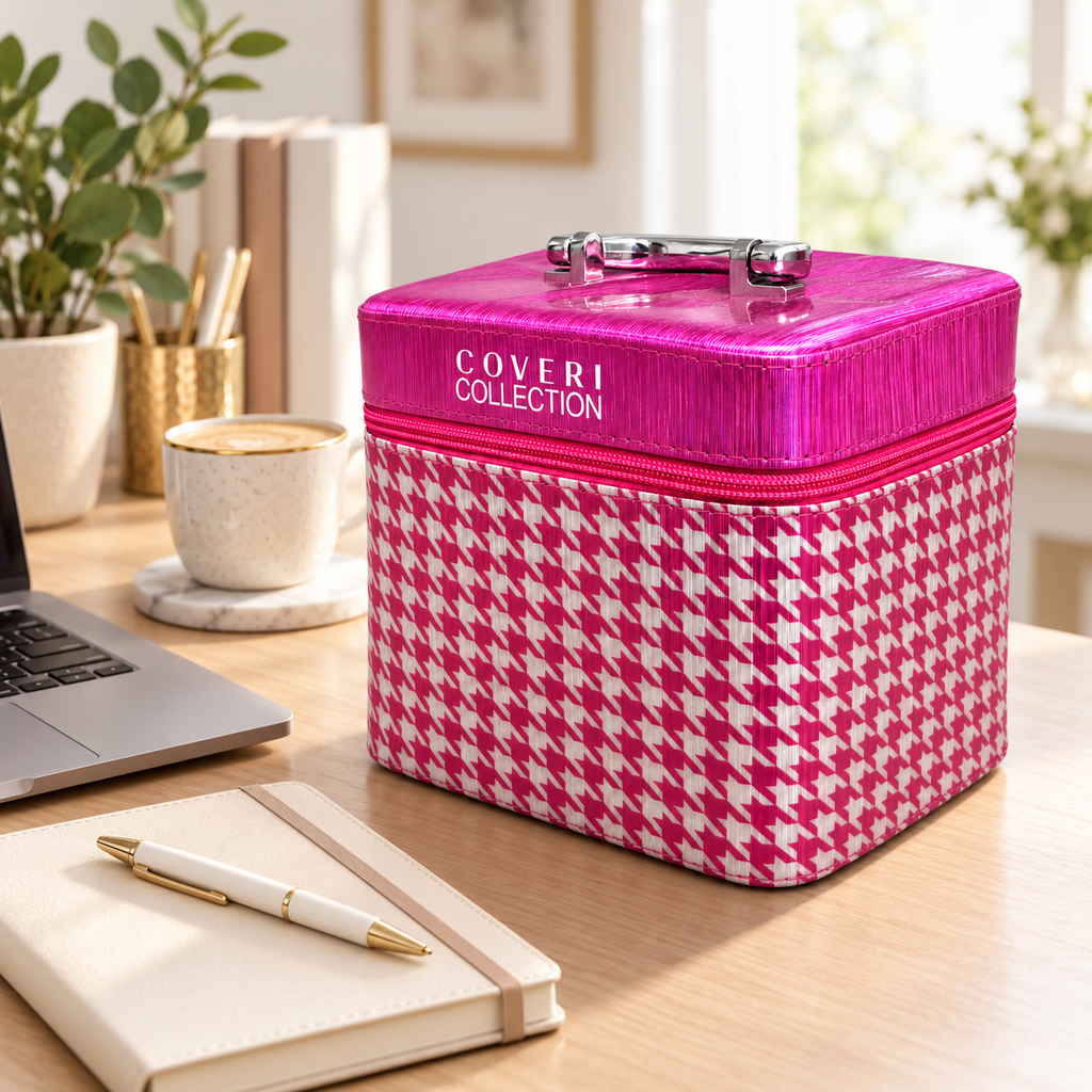 Set Regalo Donna Coveri con Sciarpone a Righe e Beauty Case Rigido Pied-de-Poule