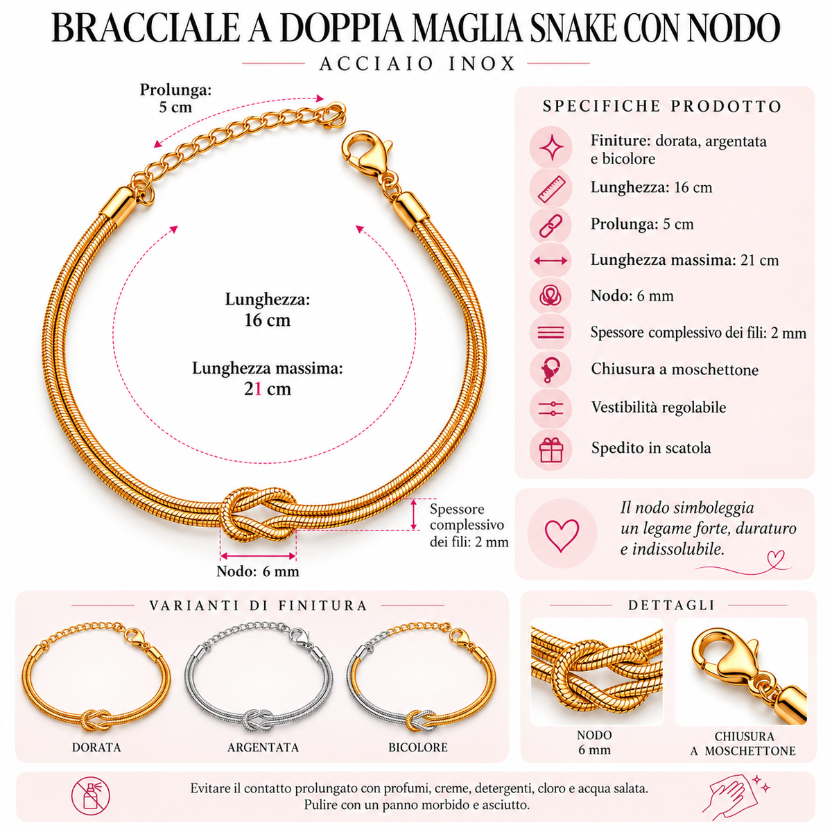Bracciale Nodo Snake doppio filo in Acciaio Inox