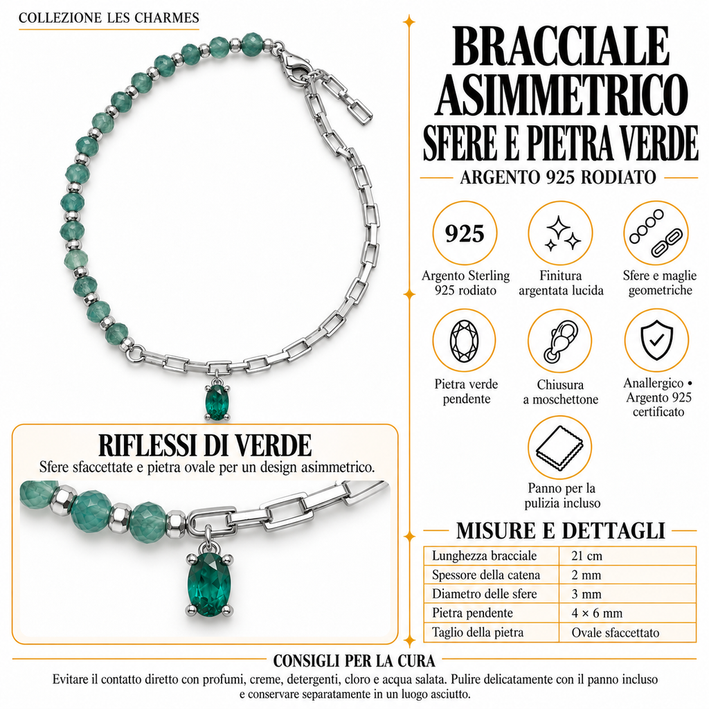 Bracciale Asimmetrico con Sfere e Pietra Verde in Argento 925