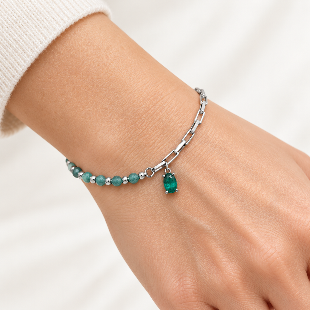 Bracciale Asimmetrico con Sfere e Pietra Verde in Argento 925