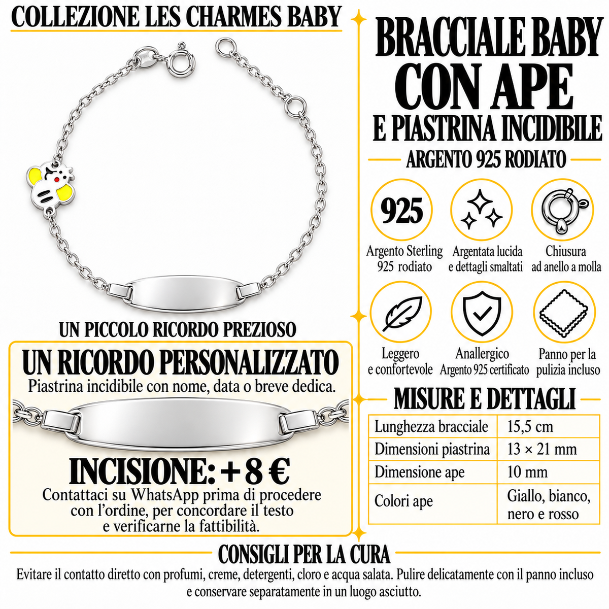 Bracelet pour Enfants avec Abeille et Plaque Gravable en Argent 925