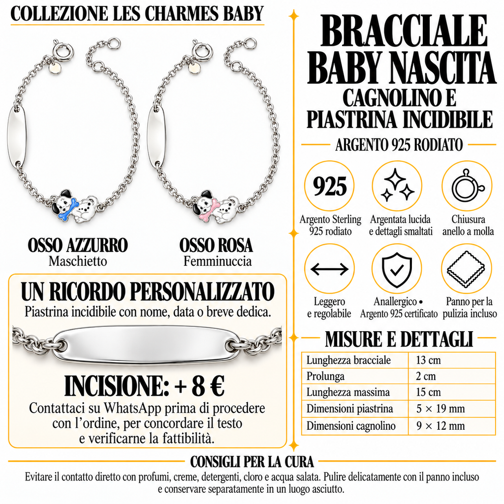 Bracelet pour Enfants avec Chiot et Plaque Gravable en Argent 925