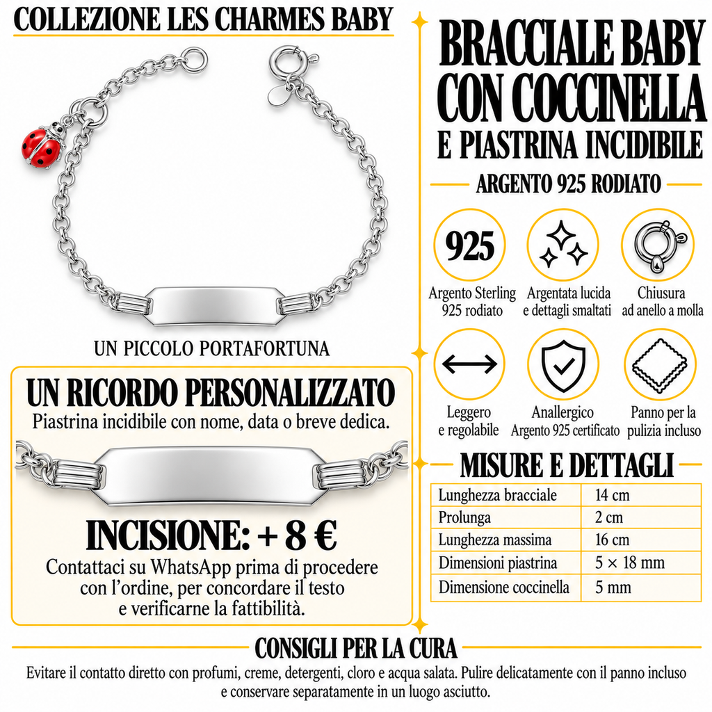 Bracciale per Bambini con Coccinella e Piastrina Incisibile in Argento 925