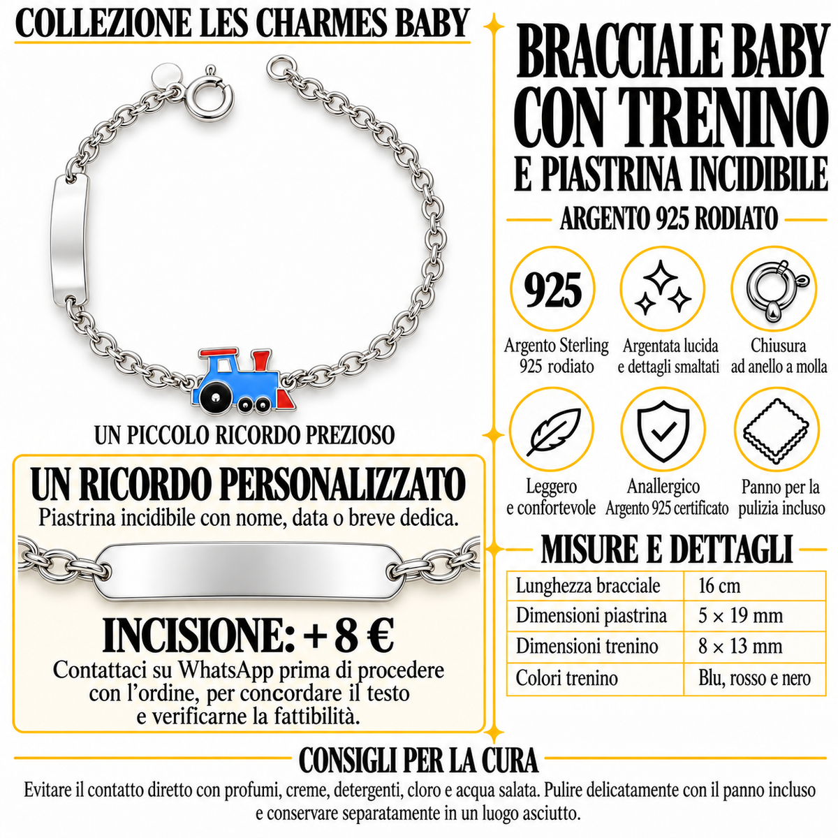 Bracelet pour Enfants avec Petit Train et Plaque Gravable en Argent 925
