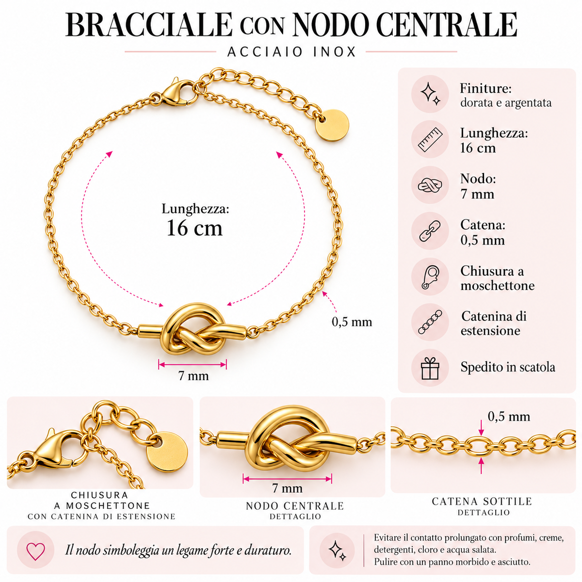 Bracciale nodo a catena in acciaio inox