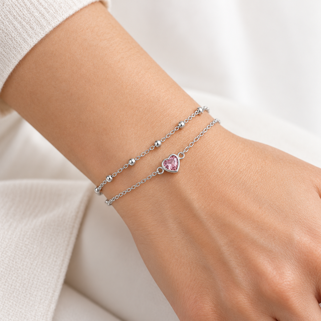 Bracelet double rang avec cœur rose en argent 925
