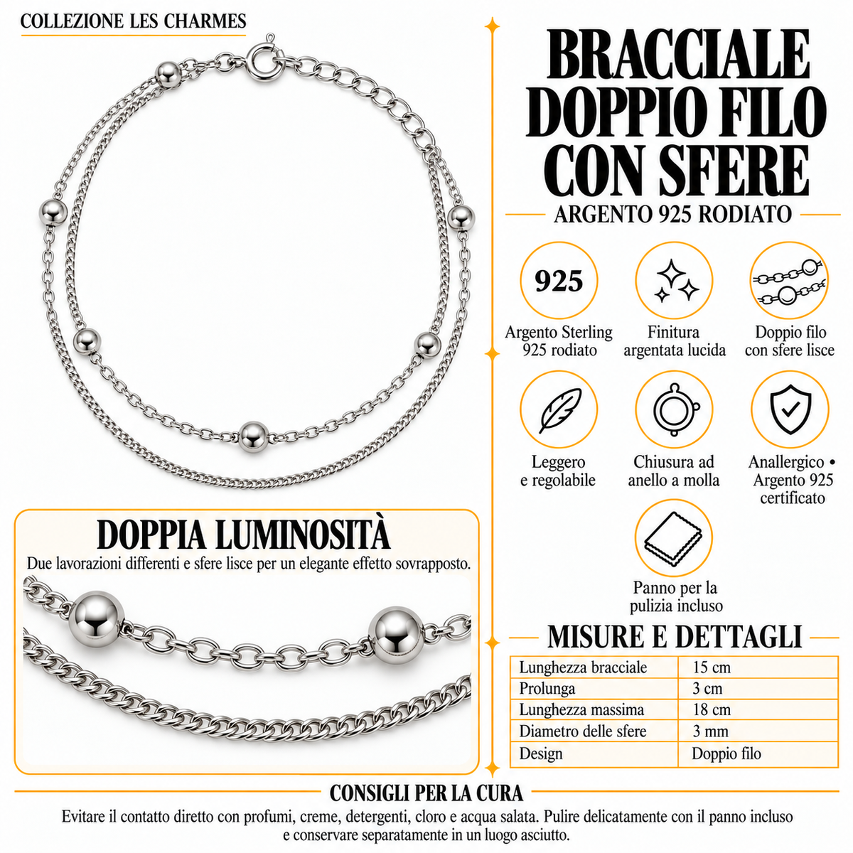 Bracelet double rang avec billes en argent 925