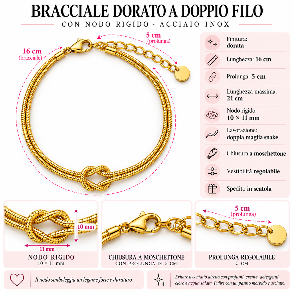Bracciale Nodo Rigido doppio filo in Acciaio Inox
