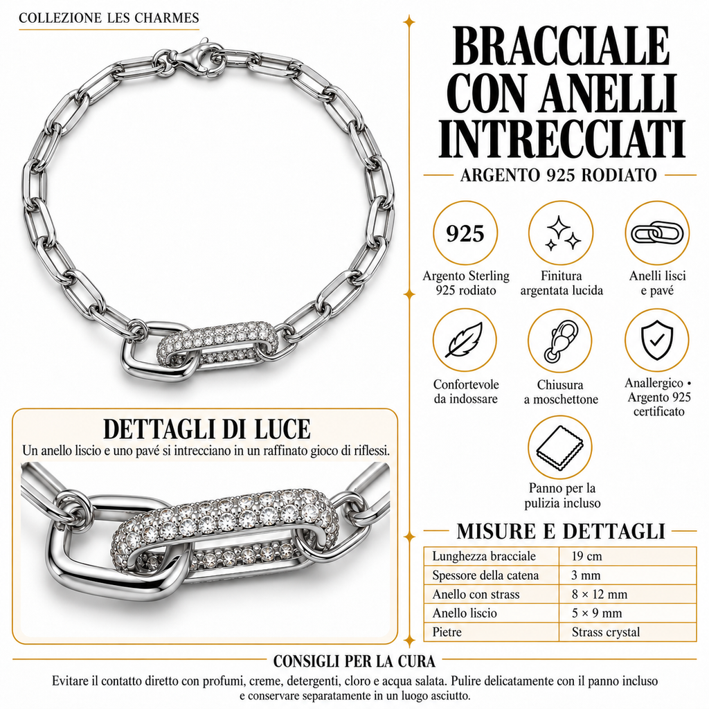Bracelet à maillons avec tiges entrelacées en argent 925